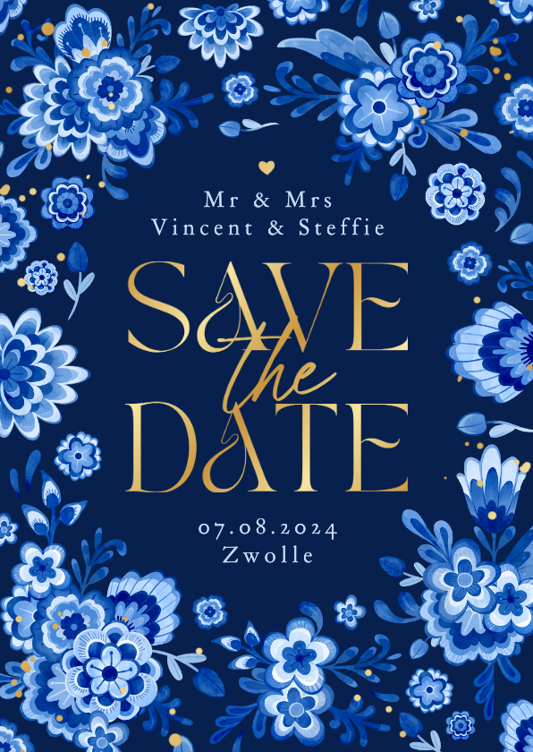 Trouwkaarten - Save the date Delfts blauw donker bloemen romantisch