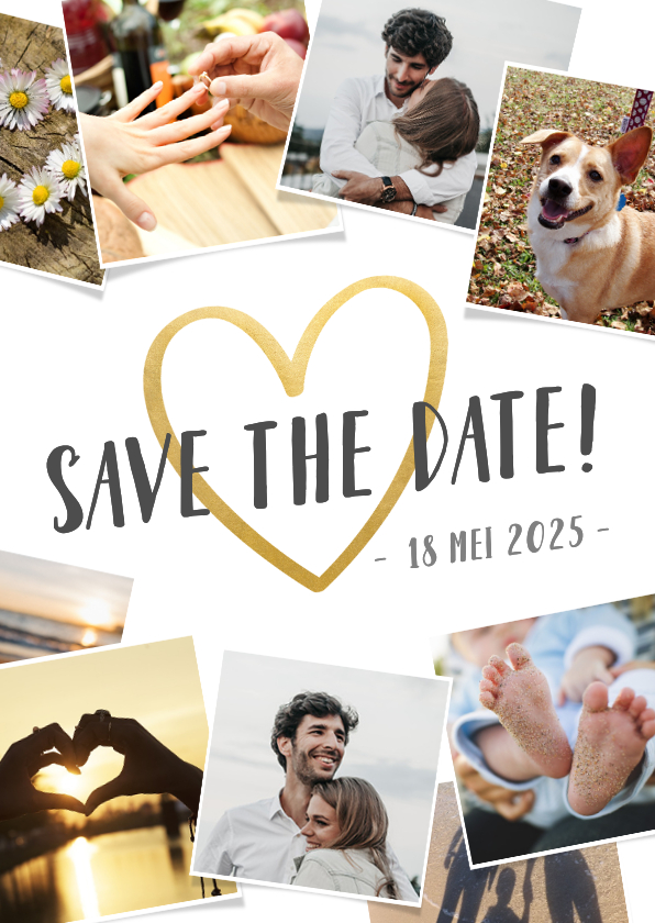 Trouwkaarten - Save the Date fotocollage kaart en gouden hart