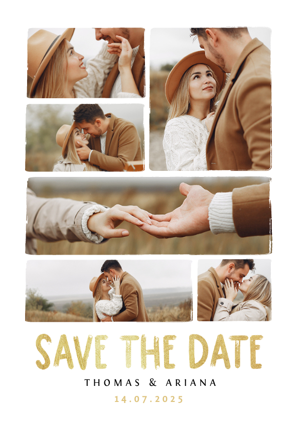 Trouwkaarten - Save the date fotocollage trouwkaart met gouden tekst