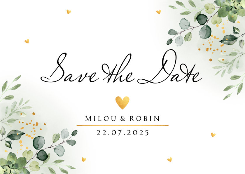 Trouwkaarten - Save the Date kaart botanisch groen blaadjes goudlook