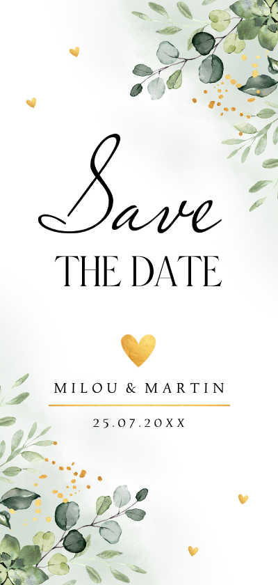 Trouwkaarten - Save the Date kaart floral botanische bladeren groen