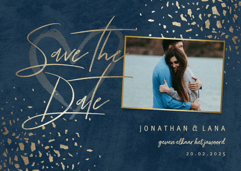 Trouwkaarten - Save the date kaart foto donkerblauw met terrazzo patroon