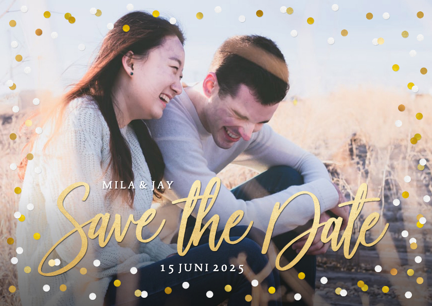 Trouwkaarten - Save the Date kaart met grote eigen foto en confetti kader