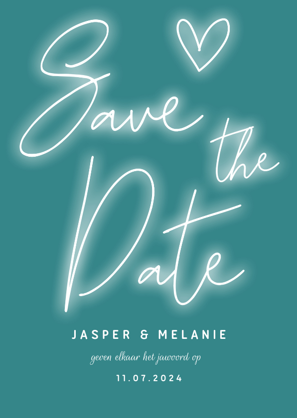 Trouwkaarten - Save the date kaart neon letters, hartje en foto