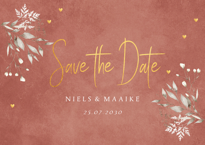 Trouwkaarten - Save the Date kaart terracotta floral hartjes