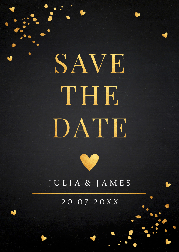 Trouwkaarten - Save the Date kaart zwart goudlook hartjes typografie