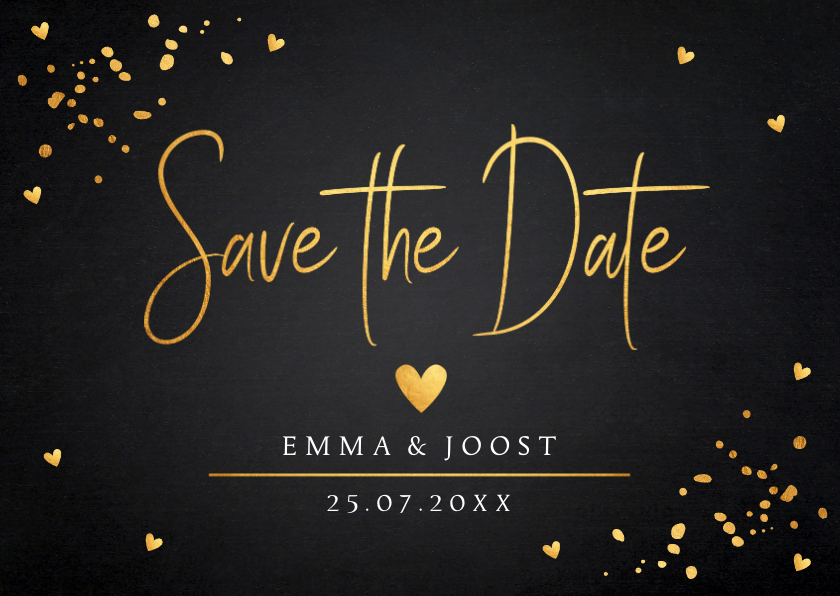 Trouwkaarten - Save the Date kaart zwart goudlook hartjes