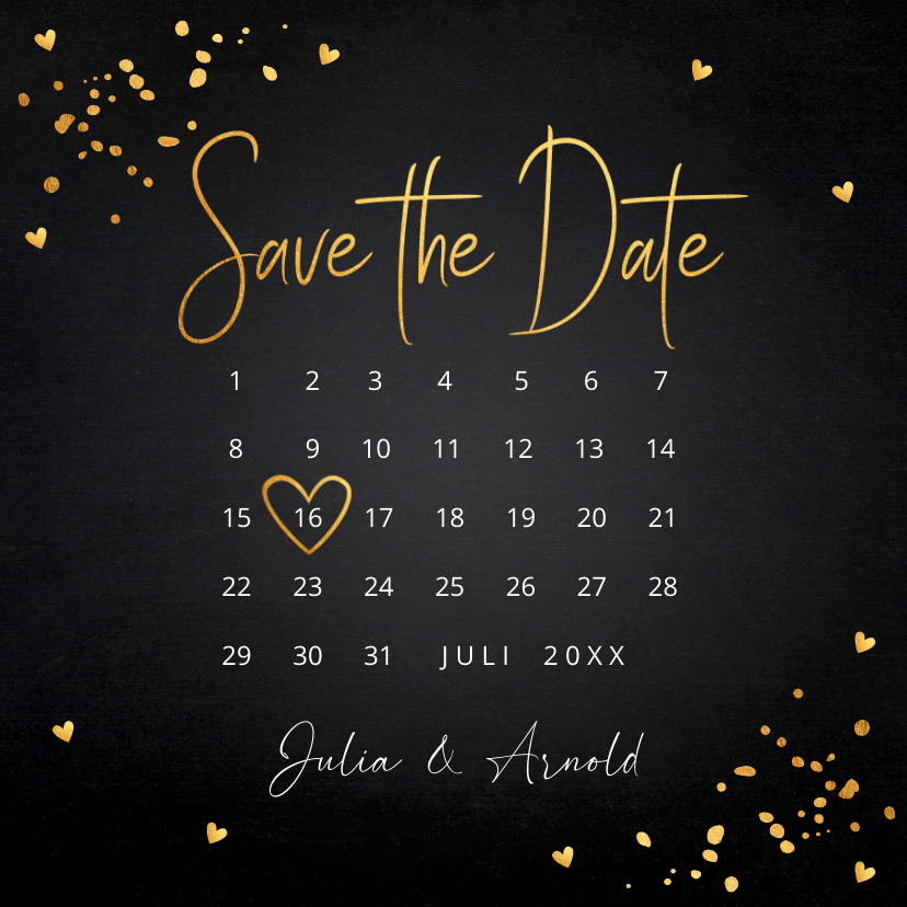 Trouwkaarten - Save the Date kaart zwart goudlook met kalender uitnodiging