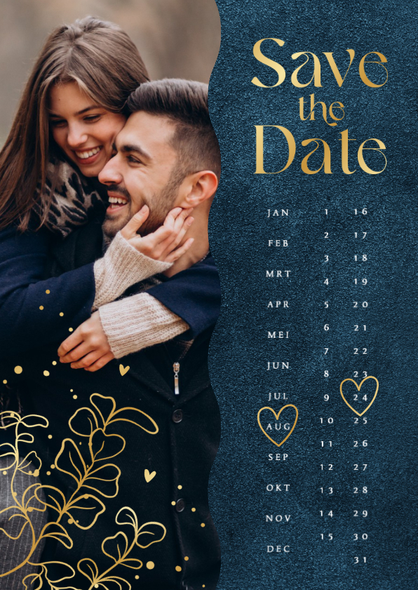 Trouwkaarten - Save the date kalender trouwkaart velvet blauw foto goud