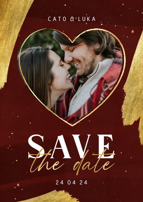 Trouwkaarten - Save the date kerst rood met foto en goudfolie