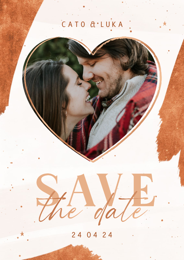 Trouwkaarten - Save the date kerst wit met foto en koperfolie