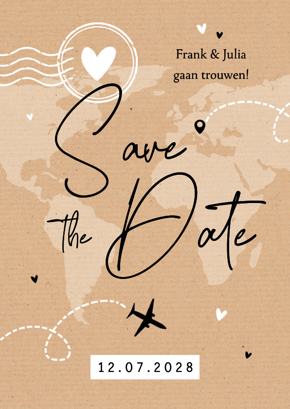 Trouwkaarten - Save the date kraft reizen ticket vliegtuig wereldkaart