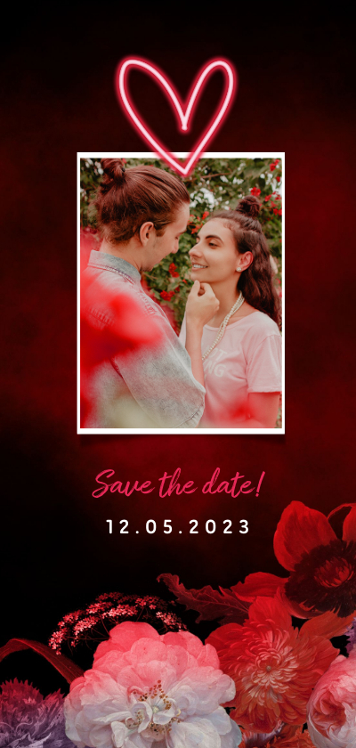 Trouwkaarten - Save the date neon bloemen en foto