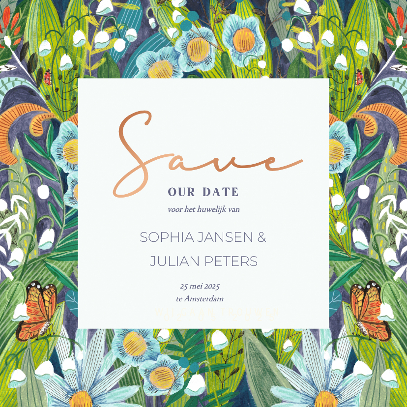 Trouwkaarten - Save the Date originele bloemen groen