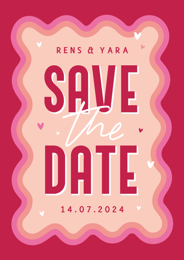 Trouwkaarten - Save the date retro groovy grafisch trouwkaart roze hartjes