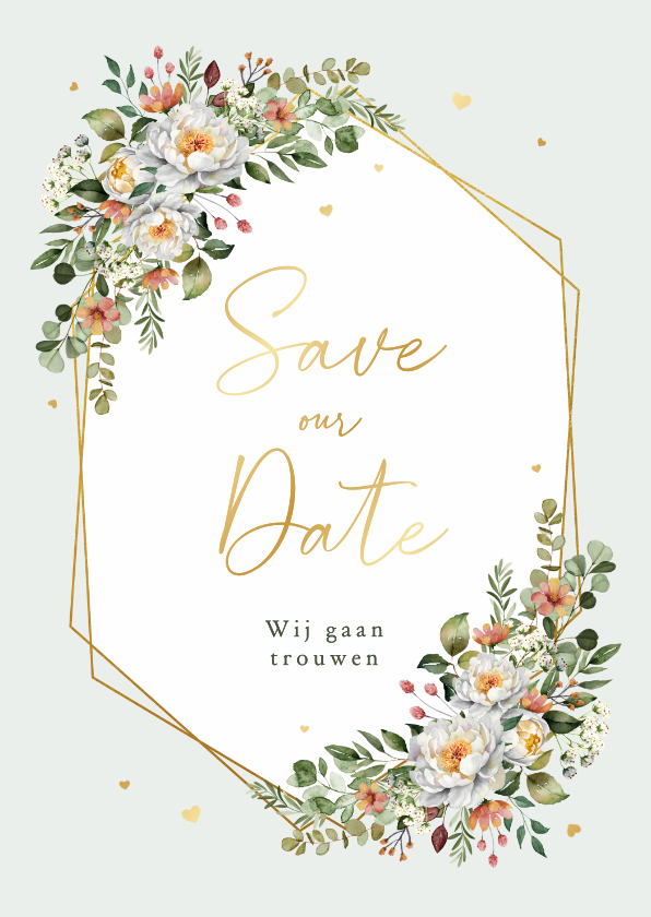 Trouwkaarten - Save the Date romantisch bloemen stijlvol hartjes goud