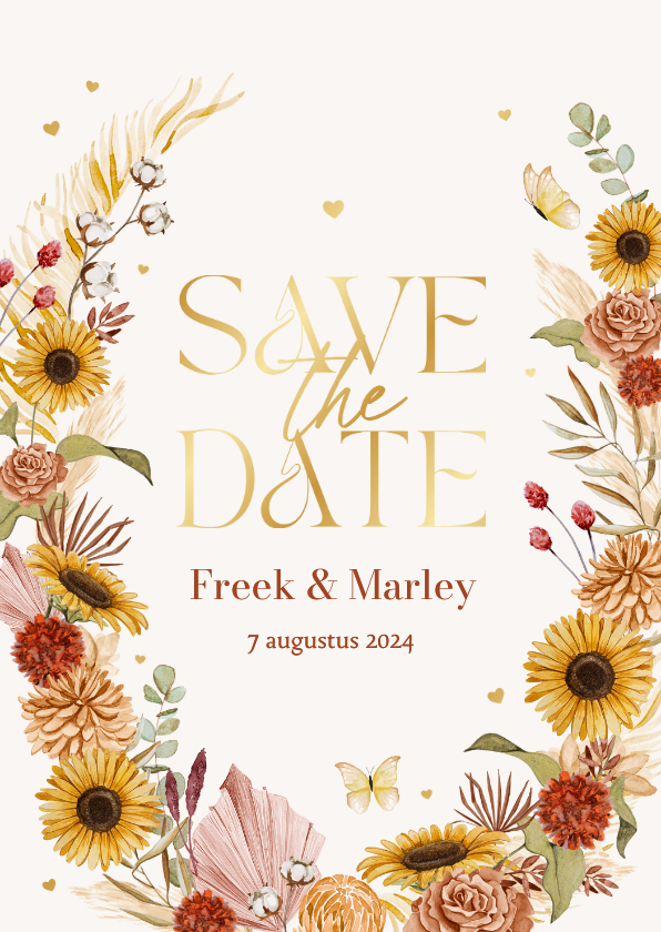 Trouwkaarten - Save the date stijlvol bohemian bloemen zomer vlinders goud 