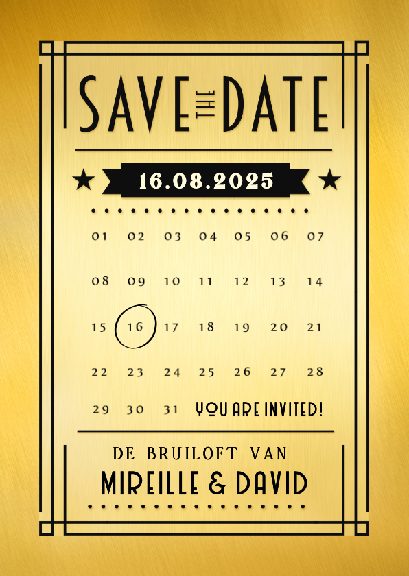 Trouwkaarten - Save the Date trouwkaart in art-deco poster stijl