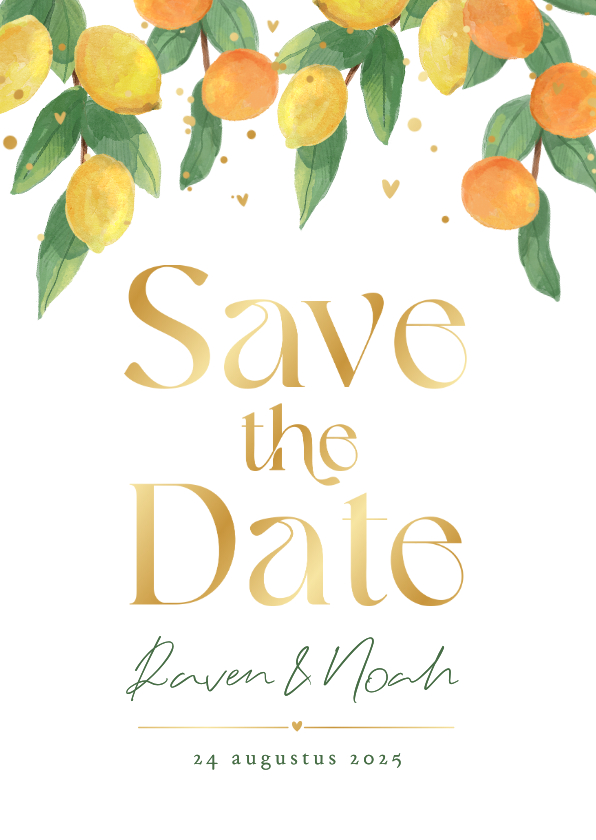 Trouwkaarten - Save the date trouwkaart Mediterraans citrus goud hartjes