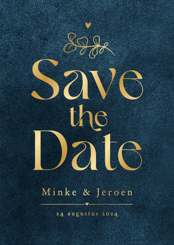 Trouwkaarten - Save the date trouwkaart velvet blauw goud sierlijk