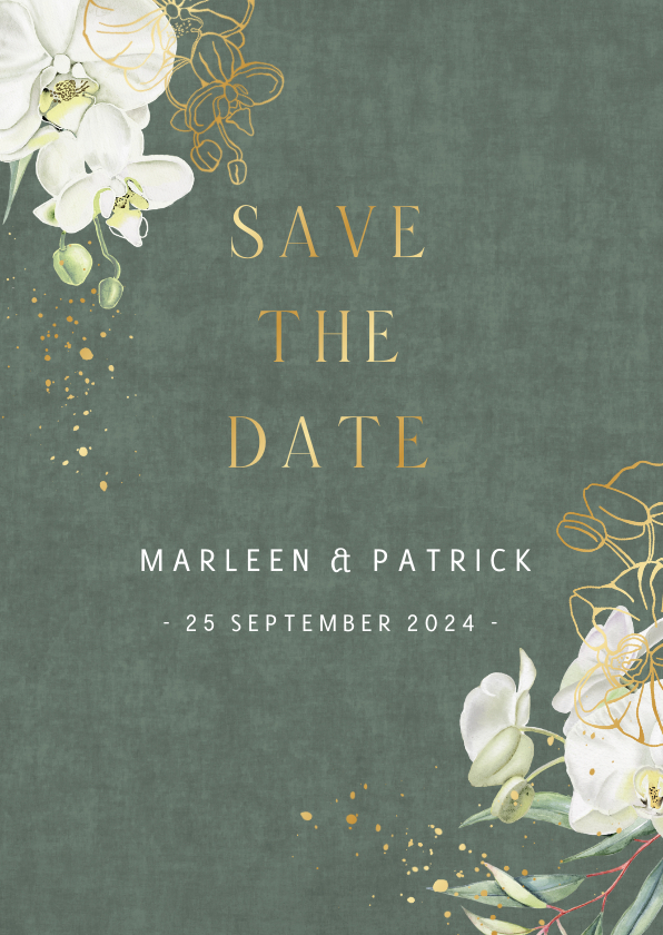 Trouwkaarten - Save the date witte orchidee met folie op fluweel