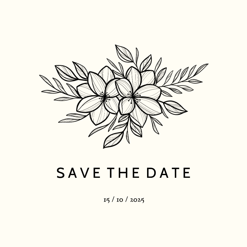 Trouwkaarten - Save the date zwarte lijntekening van bloemen aanpasbaar