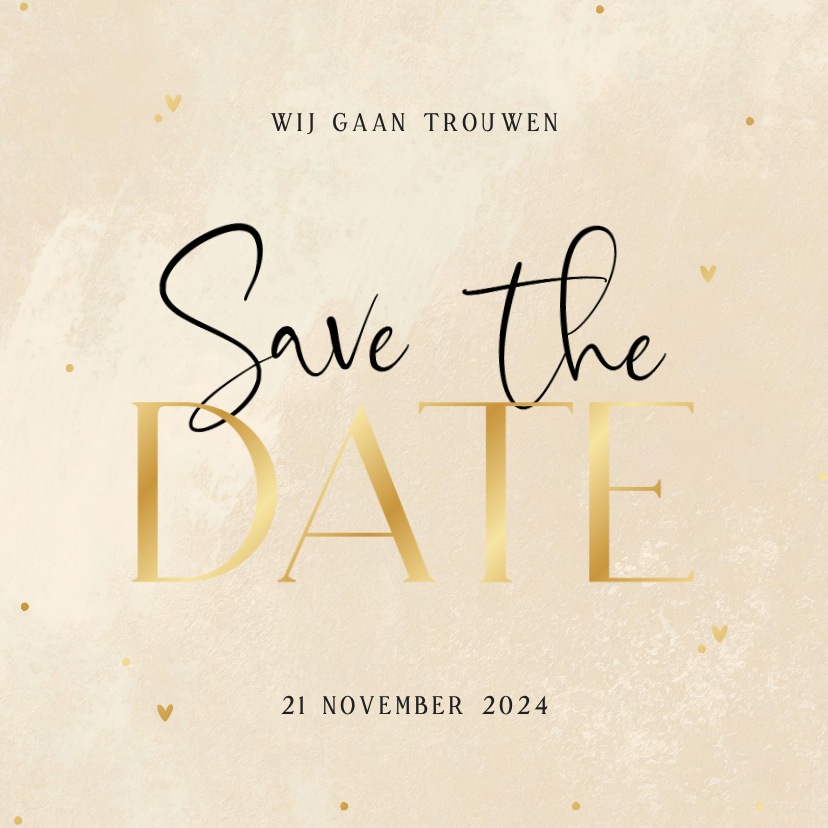 Trouwkaarten - Stijlvolle save the date beige steenlook hartjes stipjes