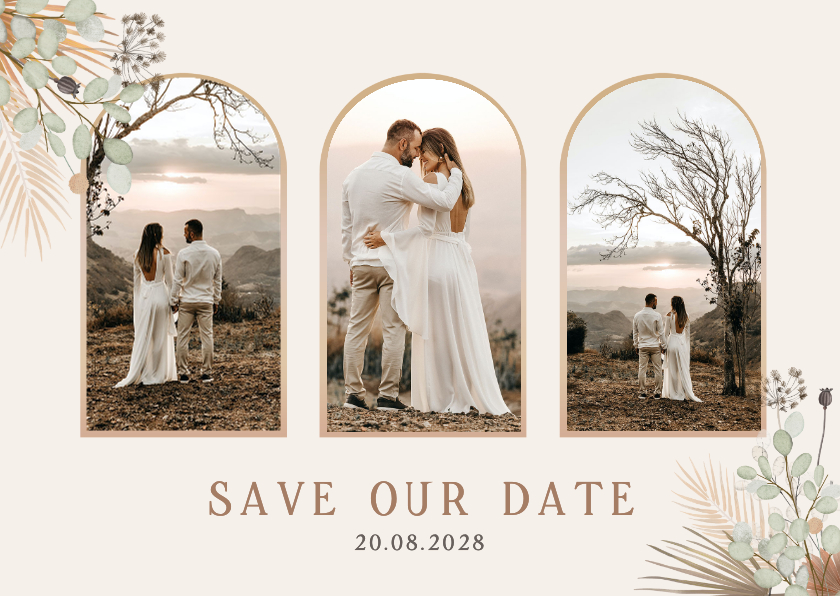 Trouwkaarten - Stijlvolle Save the Date kaart droogbloemen 3 foto's