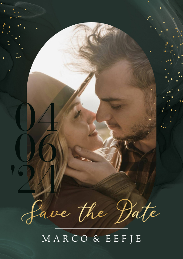 Trouwkaarten - Stijlvolle save the date kaart foto datum watercolor goud