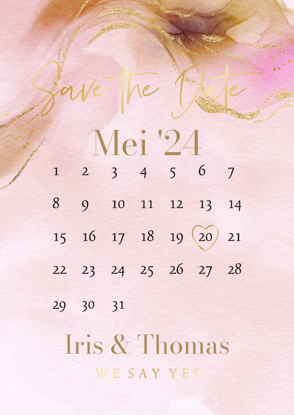 Trouwkaarten - Stijlvolle Save the Date kalender bohemian watercolor goud