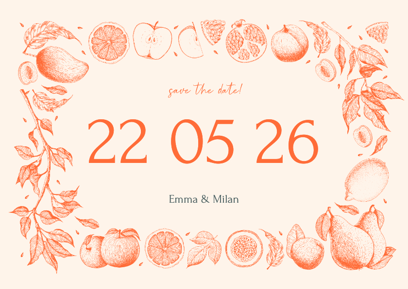 Trouwkaarten - Stijlvolle save the date met vintage tekeningen van fruit