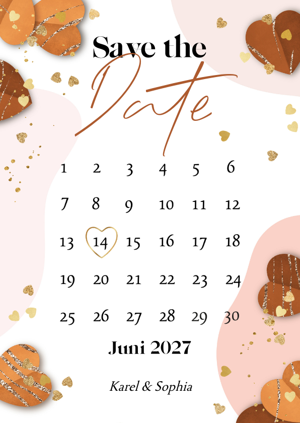 Trouwkaarten - Stijlvolle save the date organische vormen hartjes goud