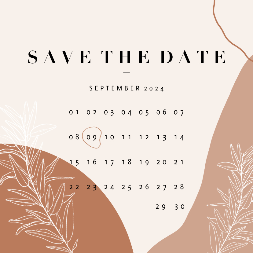 Trouwkaarten - Trendy Save the Date kalender abstracte vormen en plantje