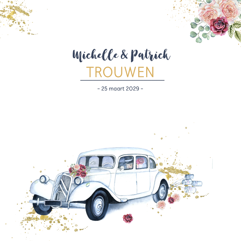 Trouwkaarten - Trouwen oldtimer rozen