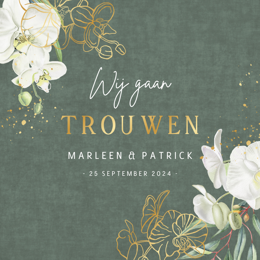 Trouwkaarten - Trouwen orchidee groen fluweel met folie