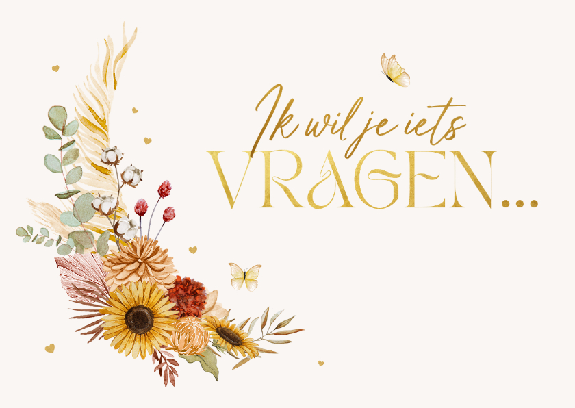 Trouwkaarten - Trouwkaart bruidsmeisje getuige bohemian bloemen hartjes