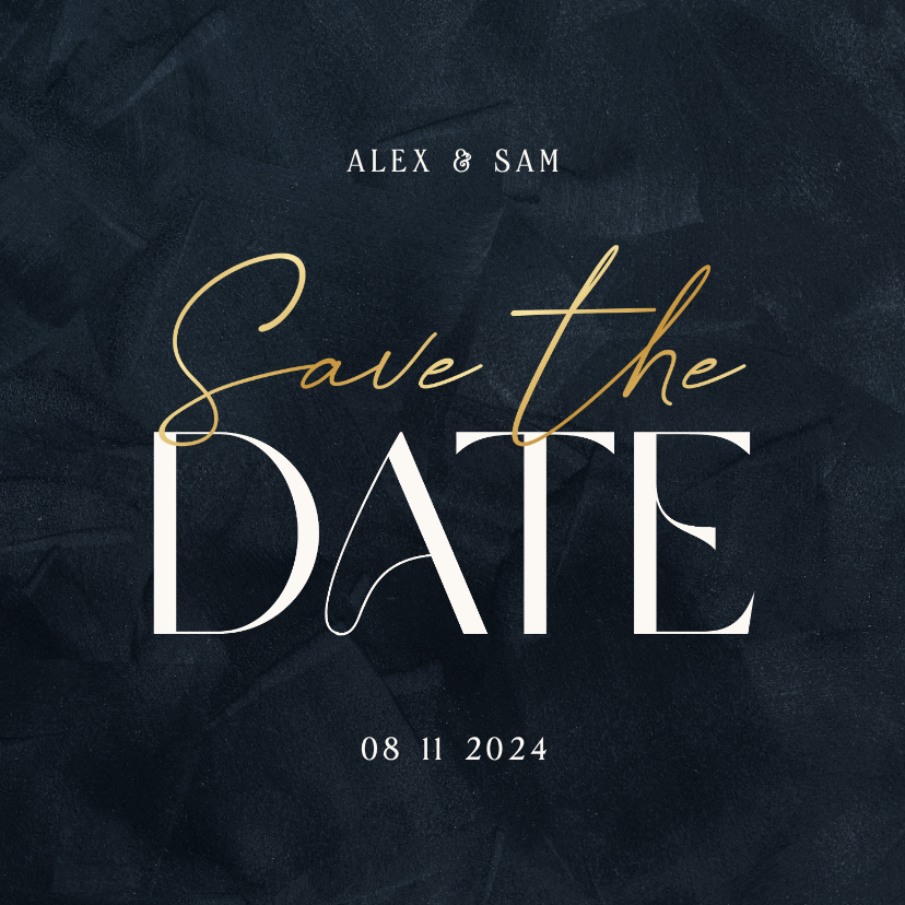 Trouwkaarten -  Trouwkaart donkerblauw save the date met goud stijlvol