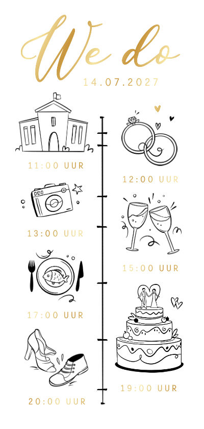 Trouwkaarten - Trouwkaart doodle tijdlijn illustratie hartjes we do