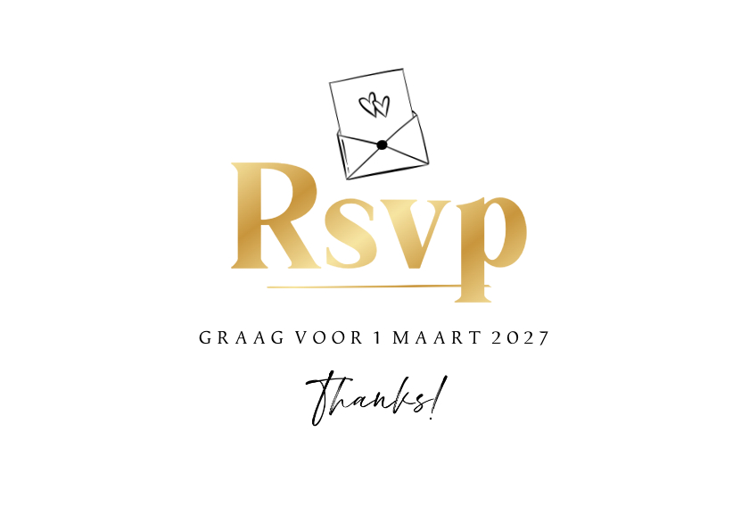 Trouwkaarten - Trouwkaart RSVP goud stijlvol hartjes envelop