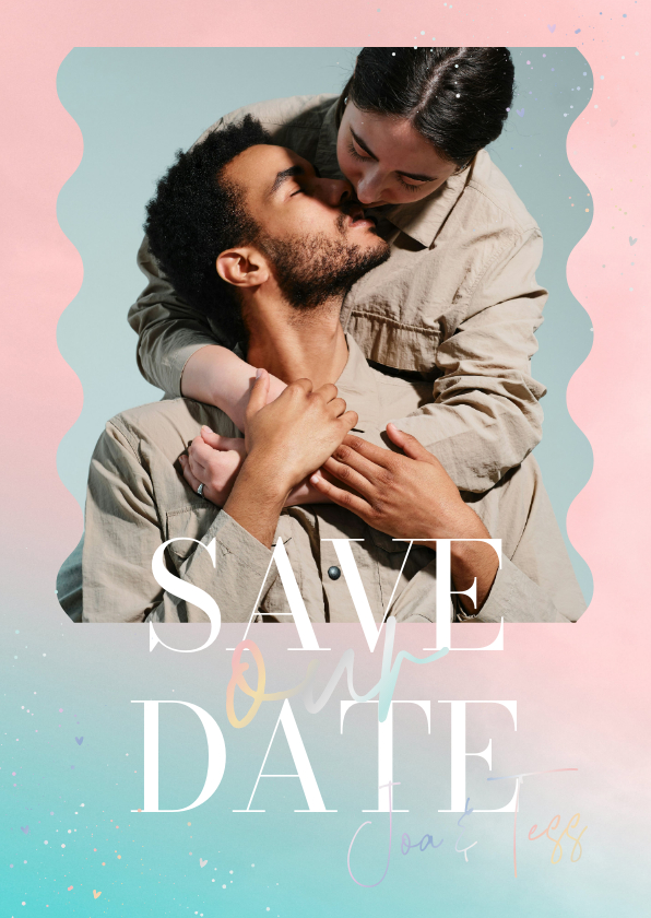 Trouwkaarten - Trouwkaart save the date blauw roze holografisch met foto