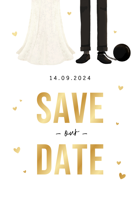 Trouwkaarten - Trouwkaart save the date grappig cartoon humor hartjes goud