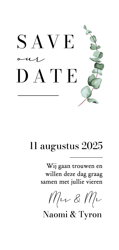 Trouwkaarten - Trouwkaart save the date klassiek stijlvol eucalyptus