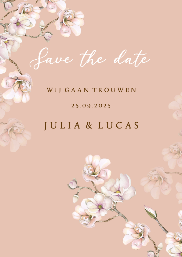 Trouwkaarten - Trouwkaart Save the date magnoliabloemen