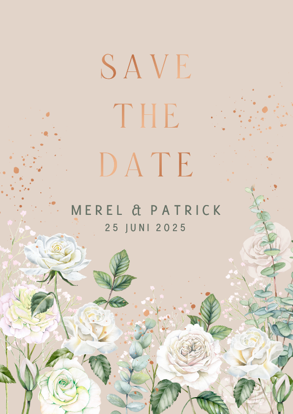 Trouwkaarten - Trouwkaart save the date witte rozen met koperfolie