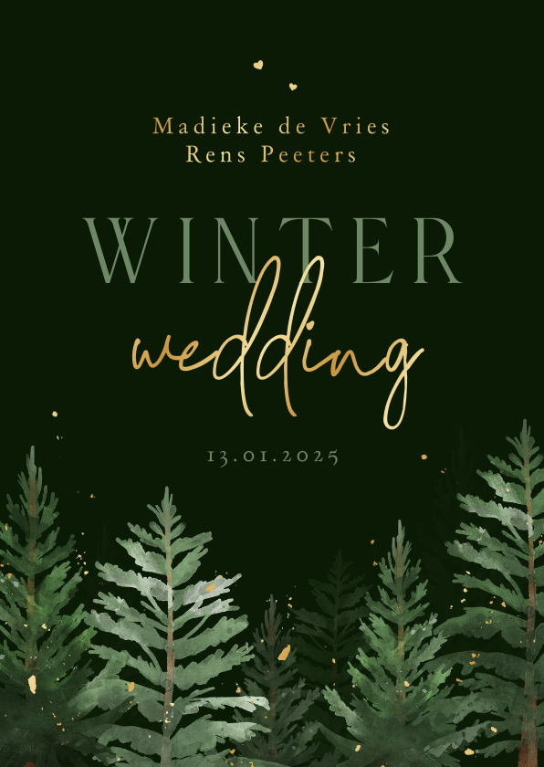 Trouwkaarten - Trouwkaart winter wedding dennenbomen donker groen goud