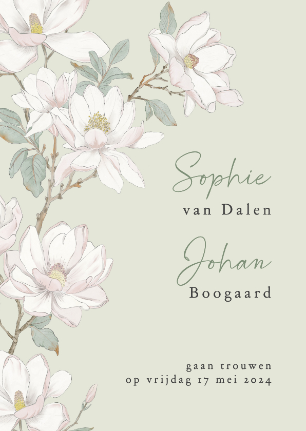 Trouwkaarten - Trouwkaart witte magnolia bloemen