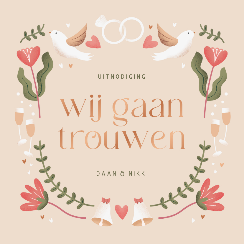 Trouwkaarten - Trouwkaartje patroon wij gaan trouwen folk illustratie beige