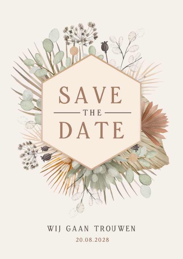 Trouwkaarten - Vintage bohemian Save the Date kaart met droogbloemen 