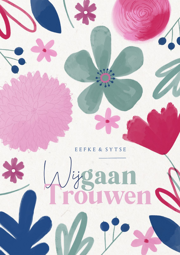 Trouwkaarten - Vrolijke trouwkaart zomerse bloemen Uitnodiging