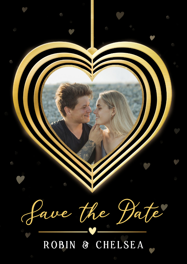 Trouwkaarten - Zwarte Save the Date en kerstkaart in één met gouden hart